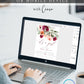 It's a girl burgundy and blush floral baby shower invitation template with watercolor roses in burgundy, peach, and sage green, editable in Canva