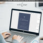Navy blue boy first holy communion invitation template with white cross and elegant calligraphy script, editable in Canva
