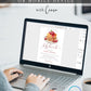 Raspberry pancake baby brunch invitation template with watercolor pancake illustration and crimson calligraphy script, editable in Canva