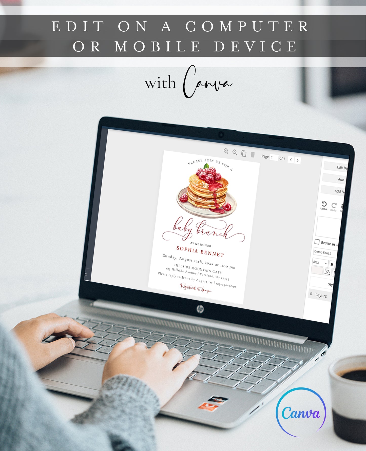 Raspberry pancake baby brunch invitation template with watercolor pancake illustration and crimson calligraphy script, editable in Canva