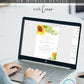 Sunflower baby brunch invitation template with watercolor sunflowers and green hop vine botanicals in corners, editable in Canva