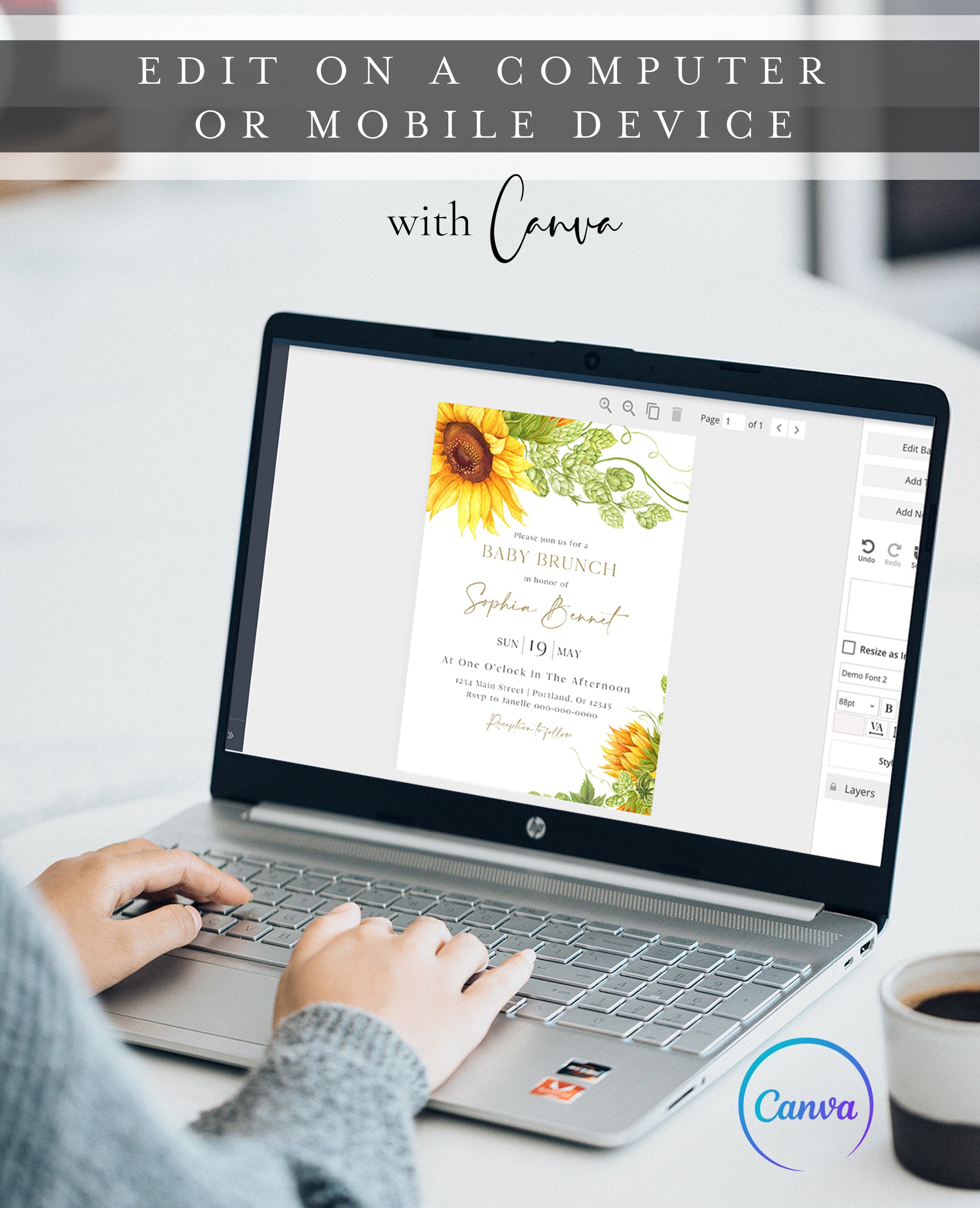 Sunflower baby brunch invitation template with watercolor sunflowers and green hop vine botanicals in corners, editable in Canva