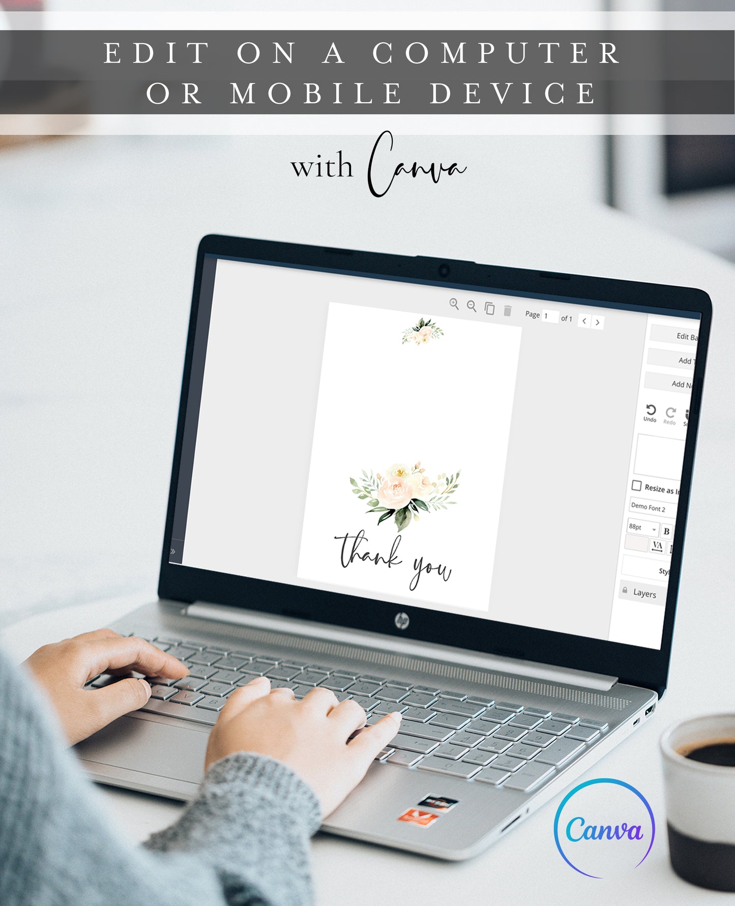 Blush floral folded thank you card template with watercolor roses and peonies in blush pink and cream with sage greenery, editable in Canva