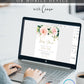 Pink ethereal floral baby shower invitation template with oversized blush roses, dark green botanicals, and gold calligraphy script, editable in Canva