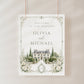 Editable garden estate wedding welcome sign Canva template with watercolour venue illustration, botanical border, and sage green tones