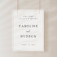 Minimalist vertical wedding welcome sign template with bold serif typography and thin border frame on white background, editable in Canva
