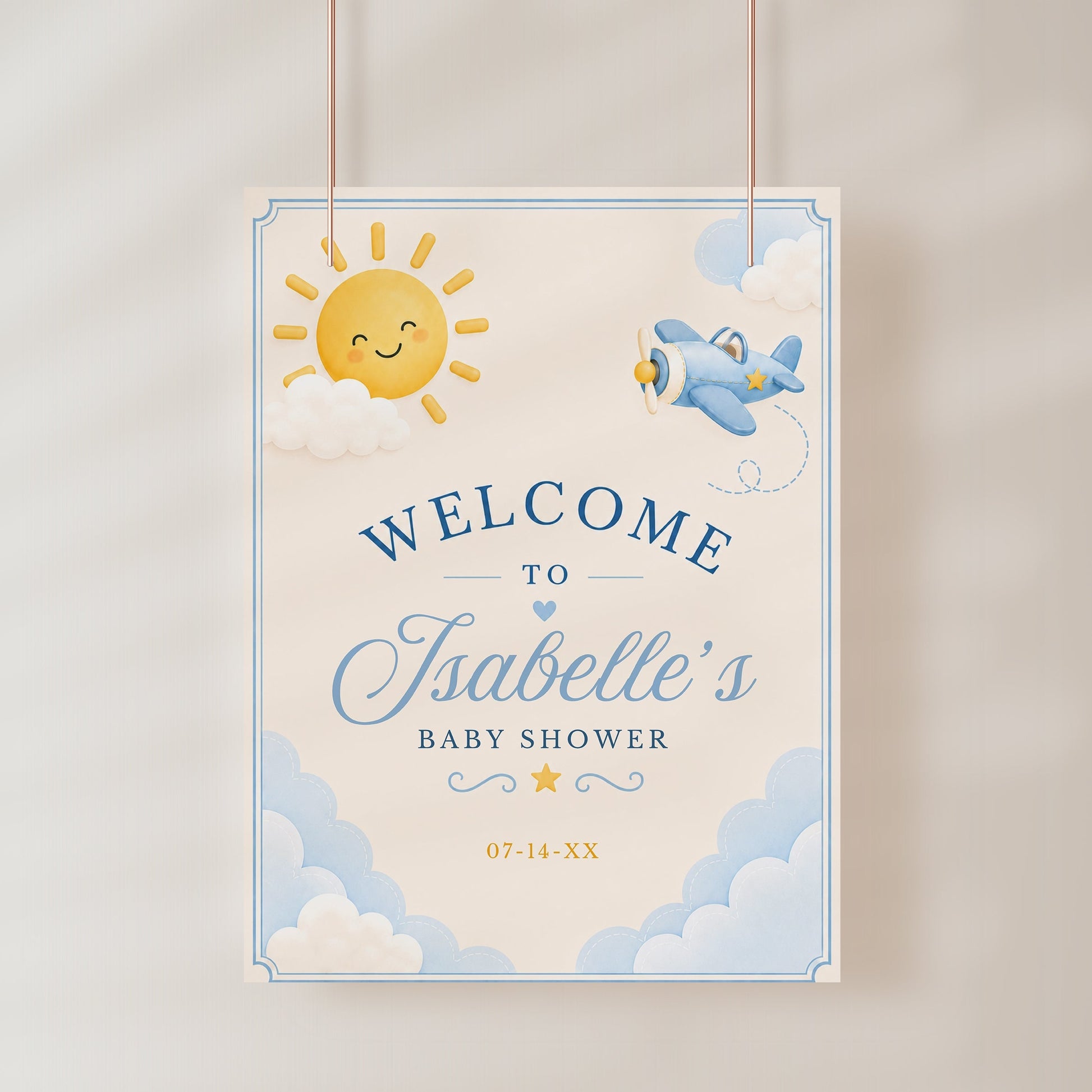 Editable here comes the son baby shower welcome sign Canva template with smiling sun, blue toy airplane, fluffy clouds, arched navy typography, and flowing script on a warm cream background