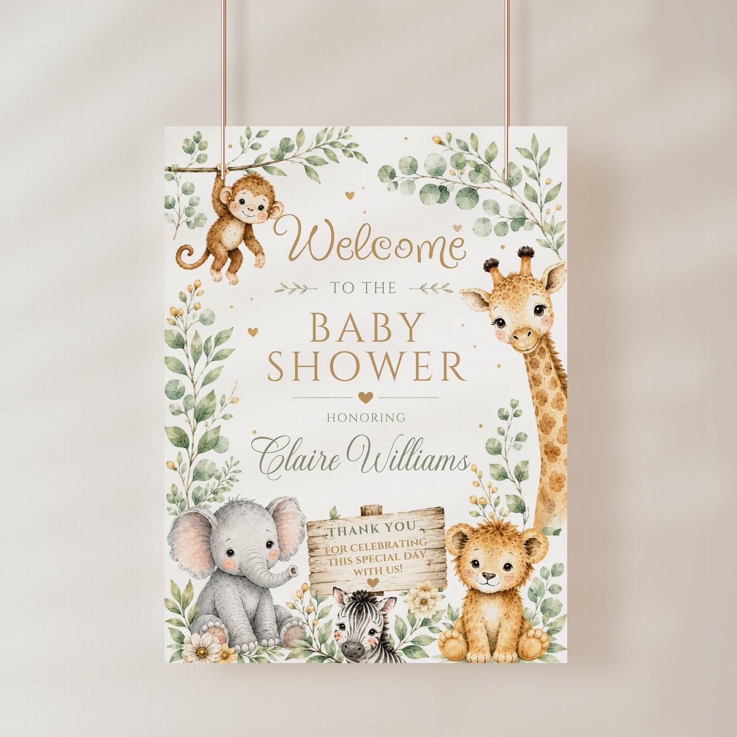 Editable safari baby shower welcome sign Canva template with watercolour monkey, giraffe, elephant, lion cub, and zebra surrounded by eucalyptus and tropical leaves with gold accents on a white background