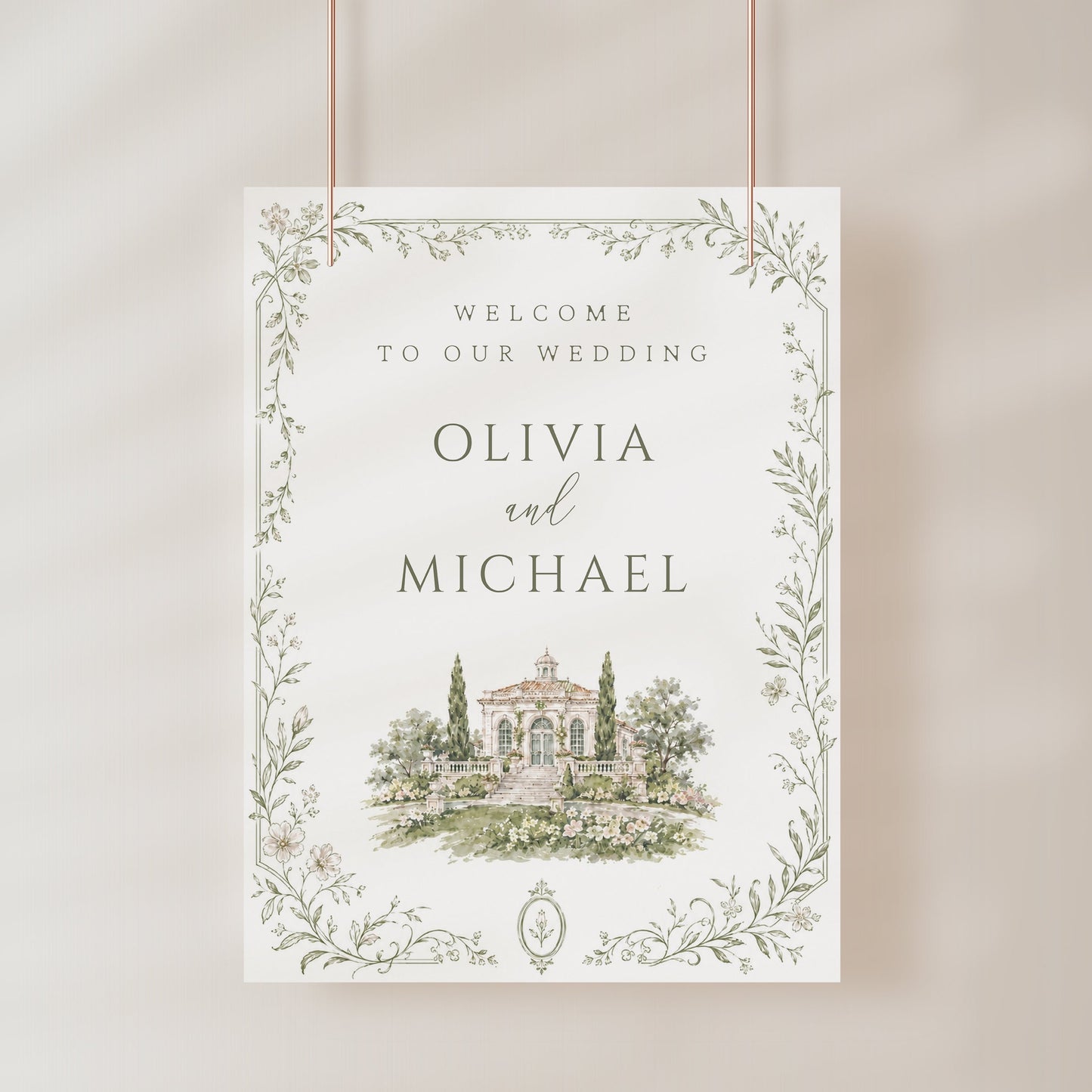 Editable garden estate wedding welcome sign Canva template with watercolour venue illustration, botanical border, and sage green tones