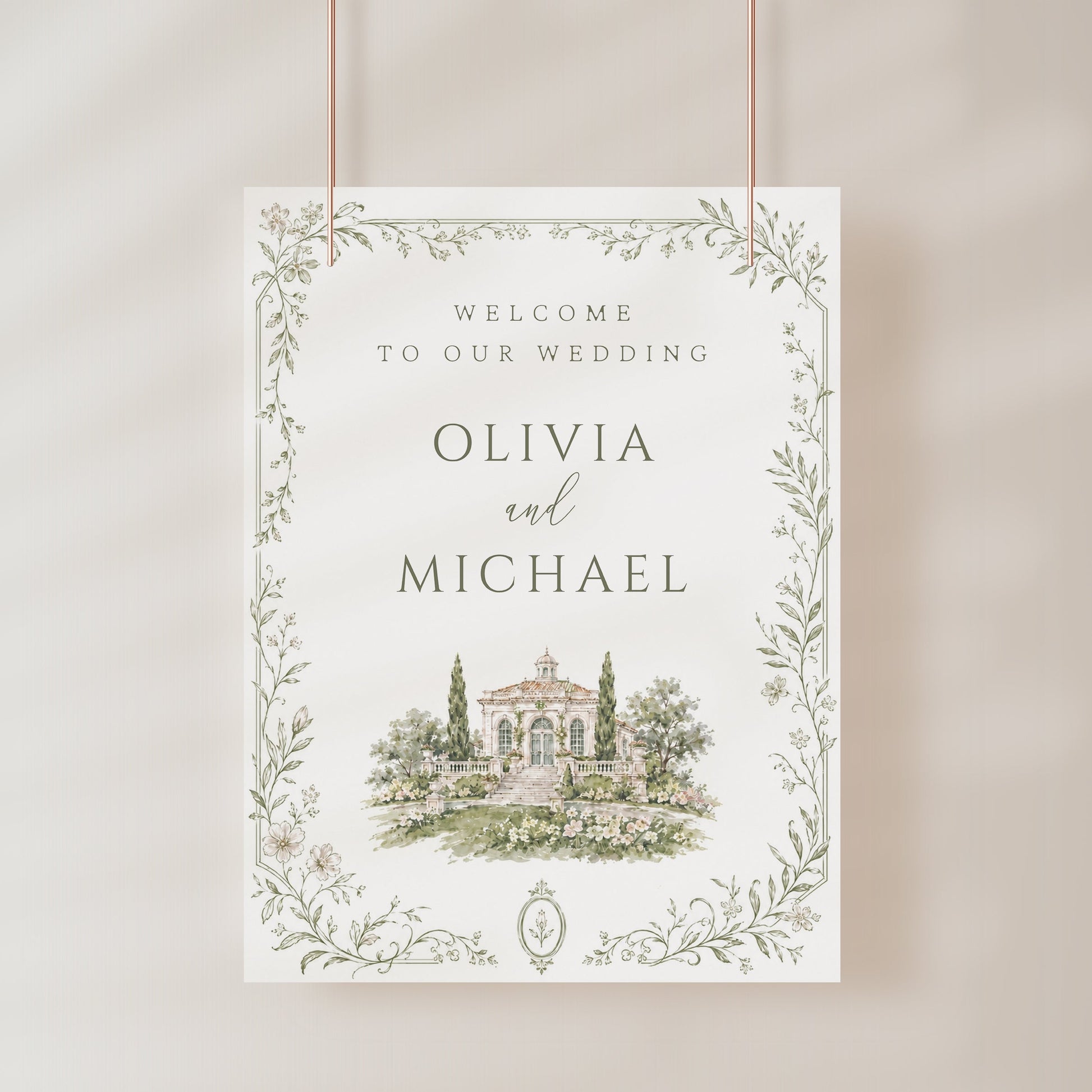 Editable garden estate wedding welcome sign Canva template with watercolour venue illustration, botanical border, and sage green tones