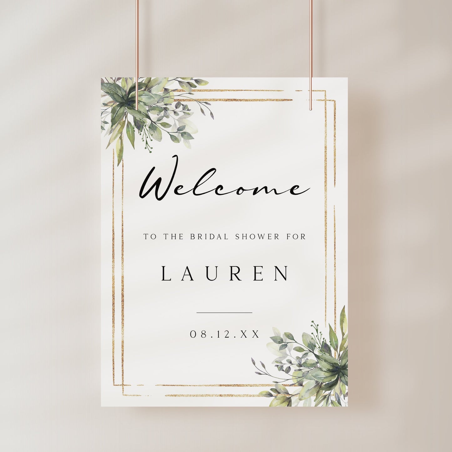 Eucalyptus greenery and gold frame bridal shower welcome sign template with watercolor botanicals in corner clusters, editable in Canva