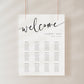 Wedding seating chart sign featuring modern black script and serif font with table assignments for guests | editable with Corjl | www.foreveryourprints.com