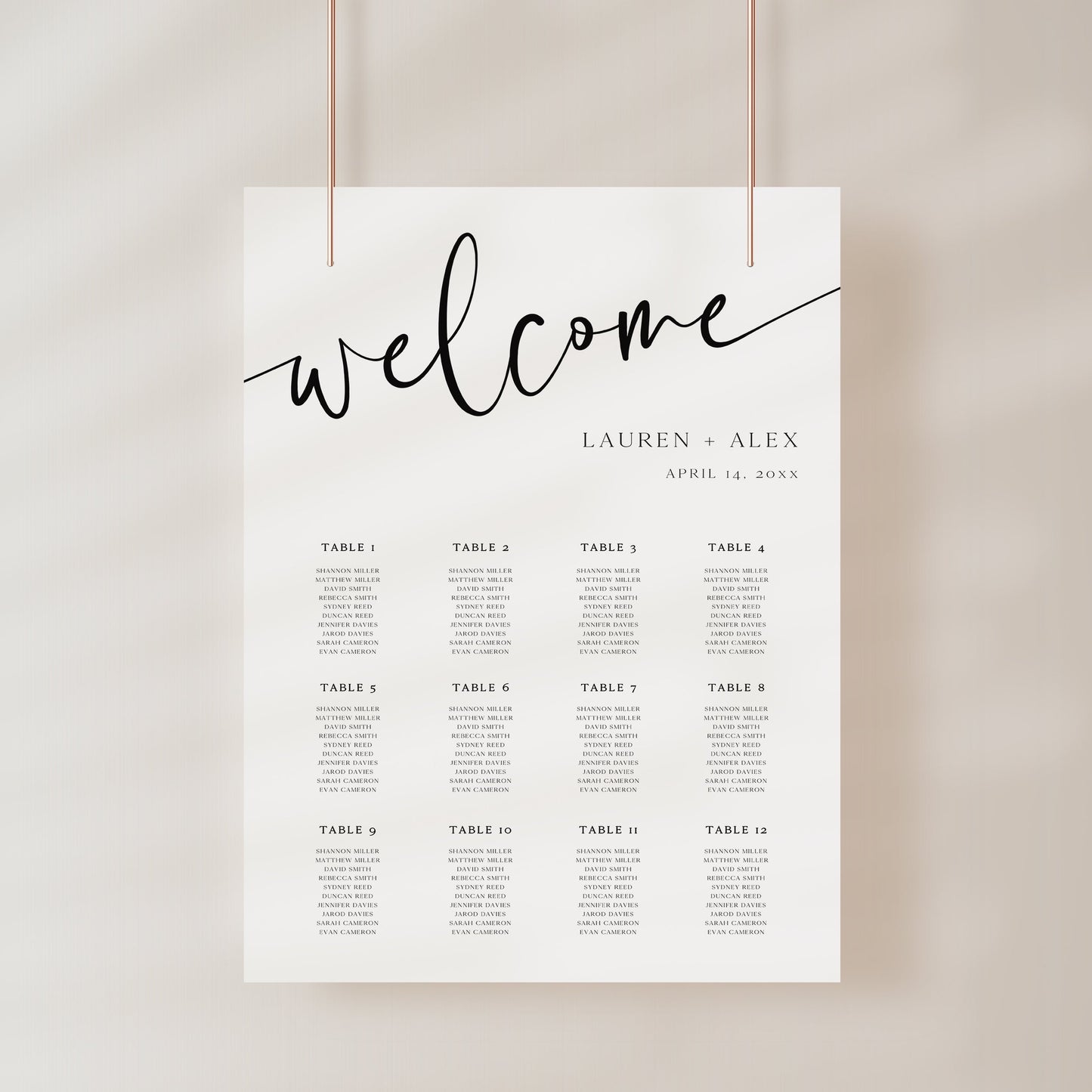 Wedding seating chart sign featuring modern black script and serif font with table assignments for guests | editable with Corjl | www.foreveryourprints.com