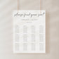 Modern black and white wedding seating chart sign template with oversized calligraphy script and 12 table layout, editable in Canva