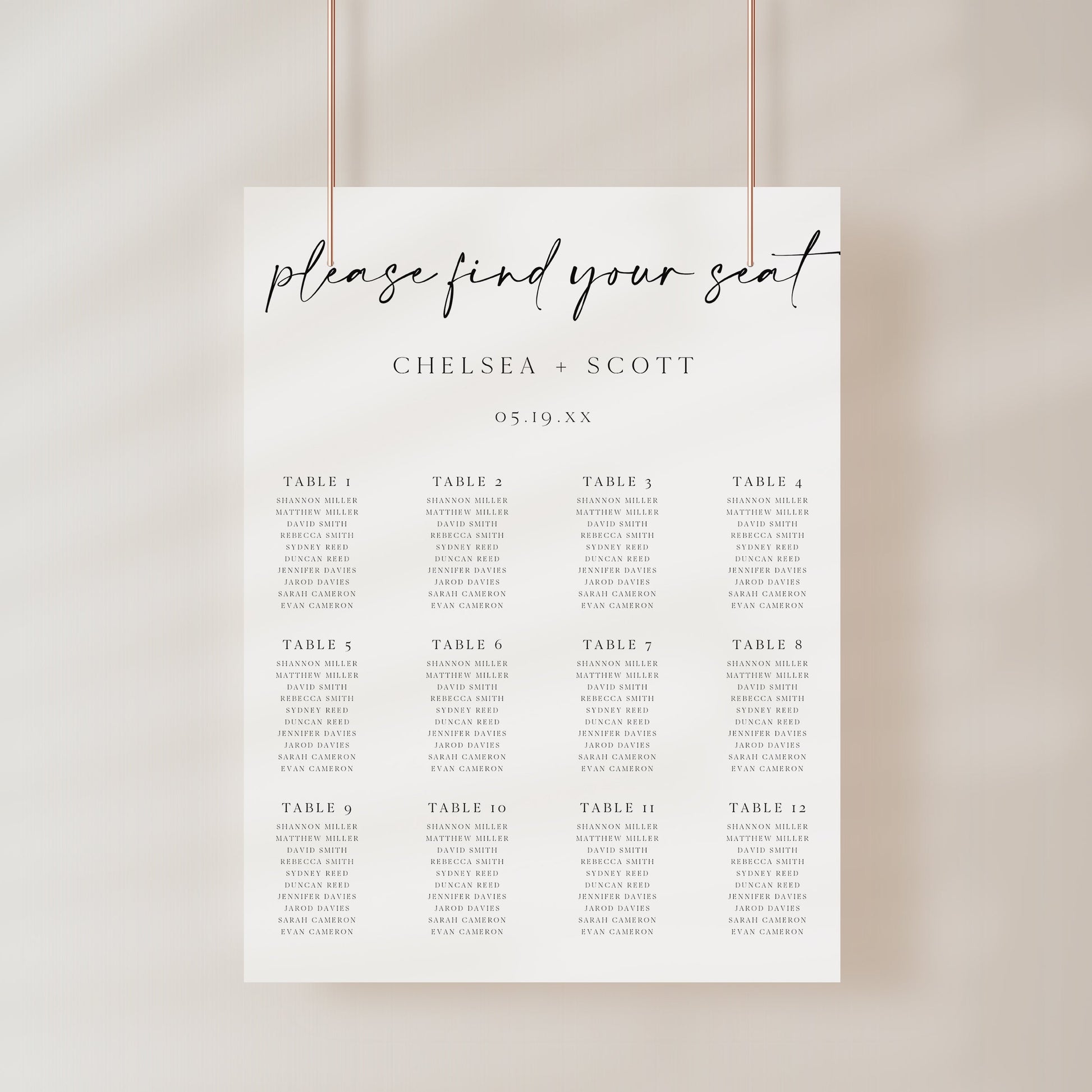 Modern black and white wedding seating chart sign template with oversized calligraphy script and 12 table layout, editable in Canva
