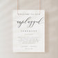 Minimalist black and white wedding unplugged ceremony sign template with oversized calligraphy script and spaced serif typography, editable in Canva
