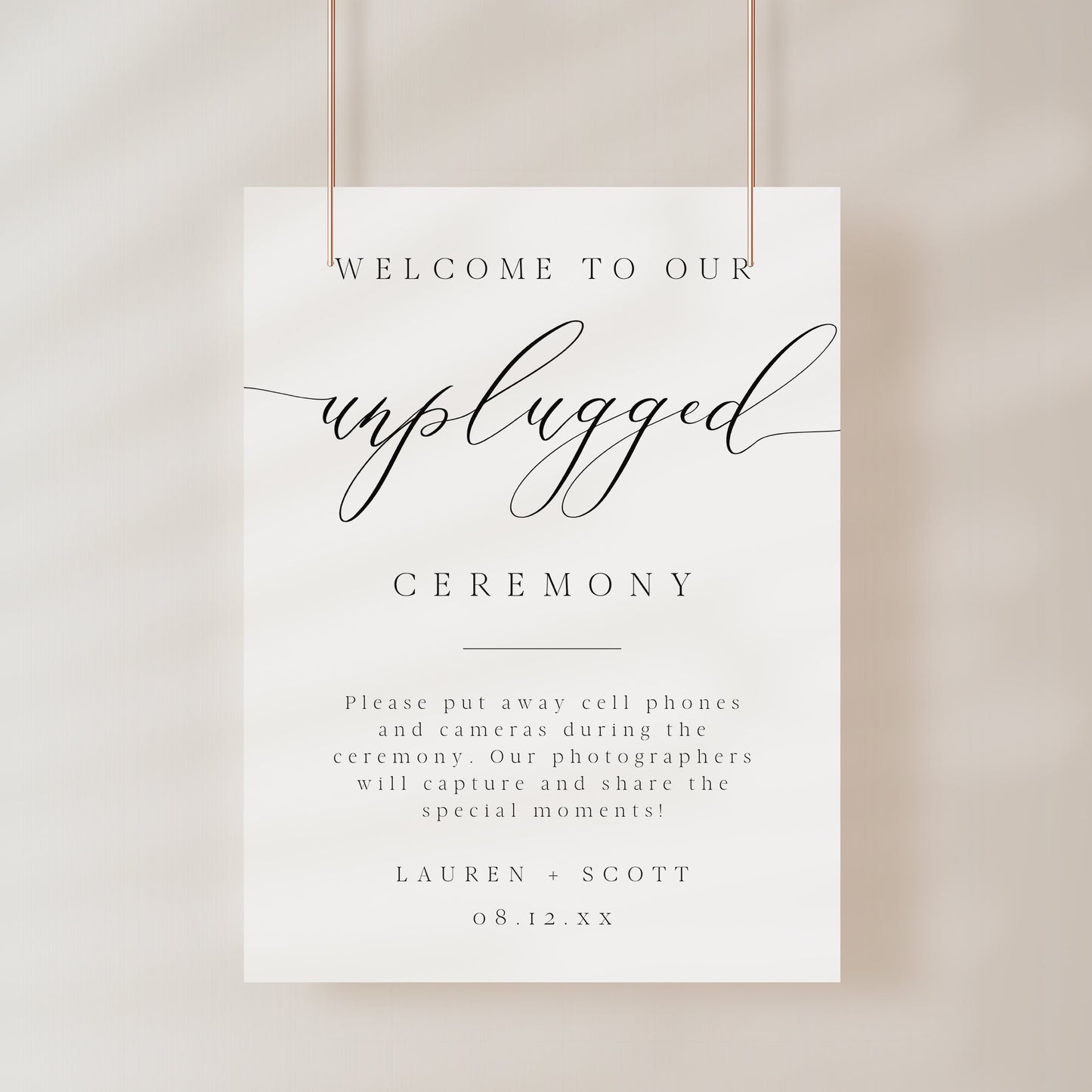 Minimalist black and white wedding unplugged ceremony sign template with oversized calligraphy script and spaced serif typography, editable in Canva
