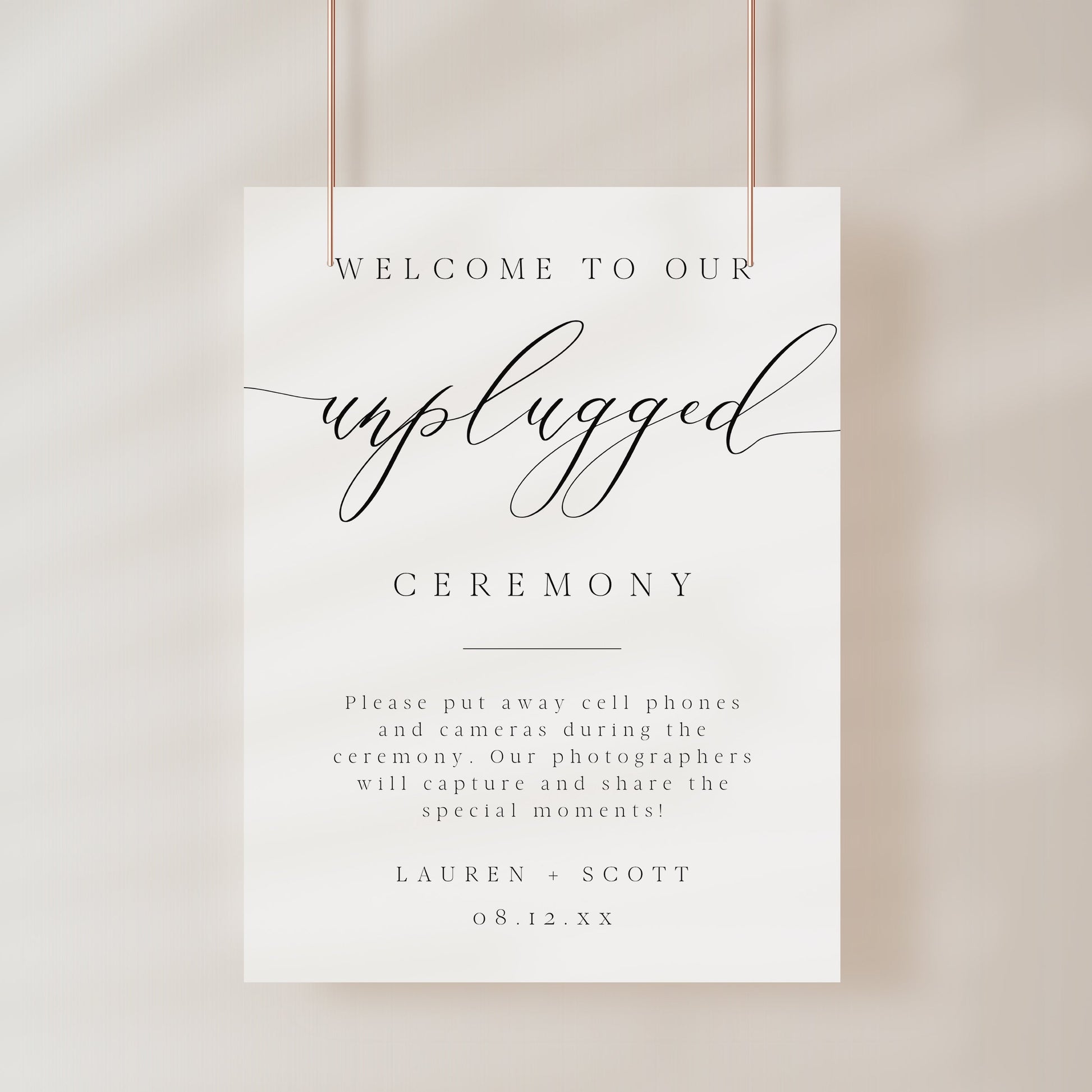 Minimalist black and white wedding unplugged ceremony sign template with oversized calligraphy script and spaced serif typography, editable in Canva
