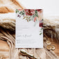 Autumn floral engagement party invitation template with watercolor blooms in burgundy, blush, and plum with dark green botanicals, editable in Canva