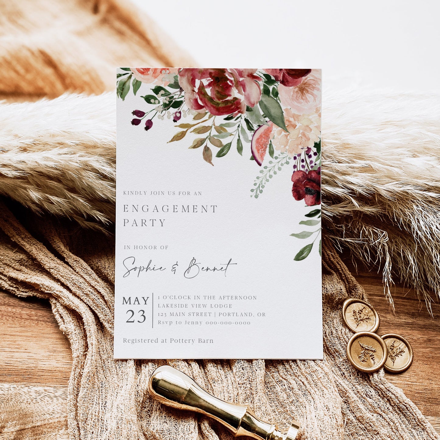 Autumn floral engagement party invitation template with watercolor blooms in burgundy, blush, and plum with dark green botanicals, editable in Canva