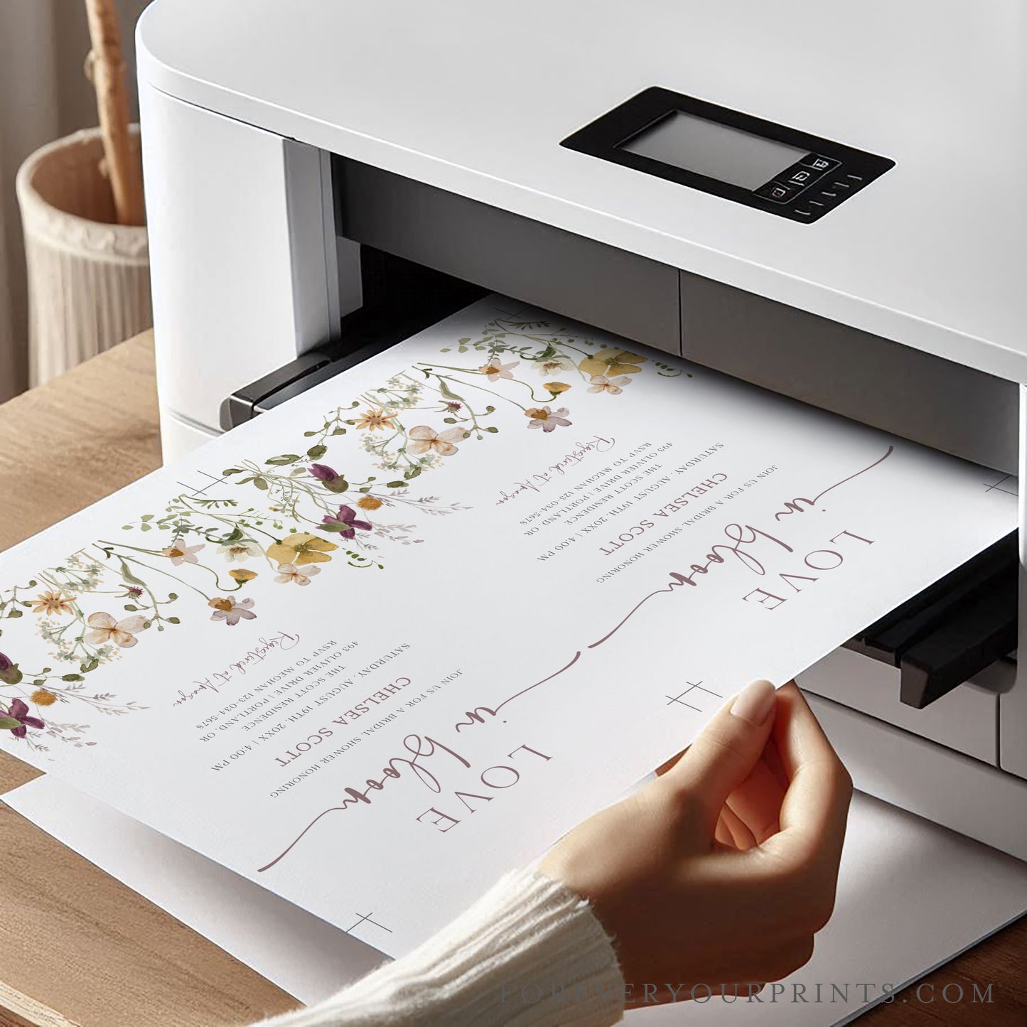 Bridal shower invitation featuring wildflower border and elegant layout, editable and personalized with Corjl | www.foreveryourprints.com