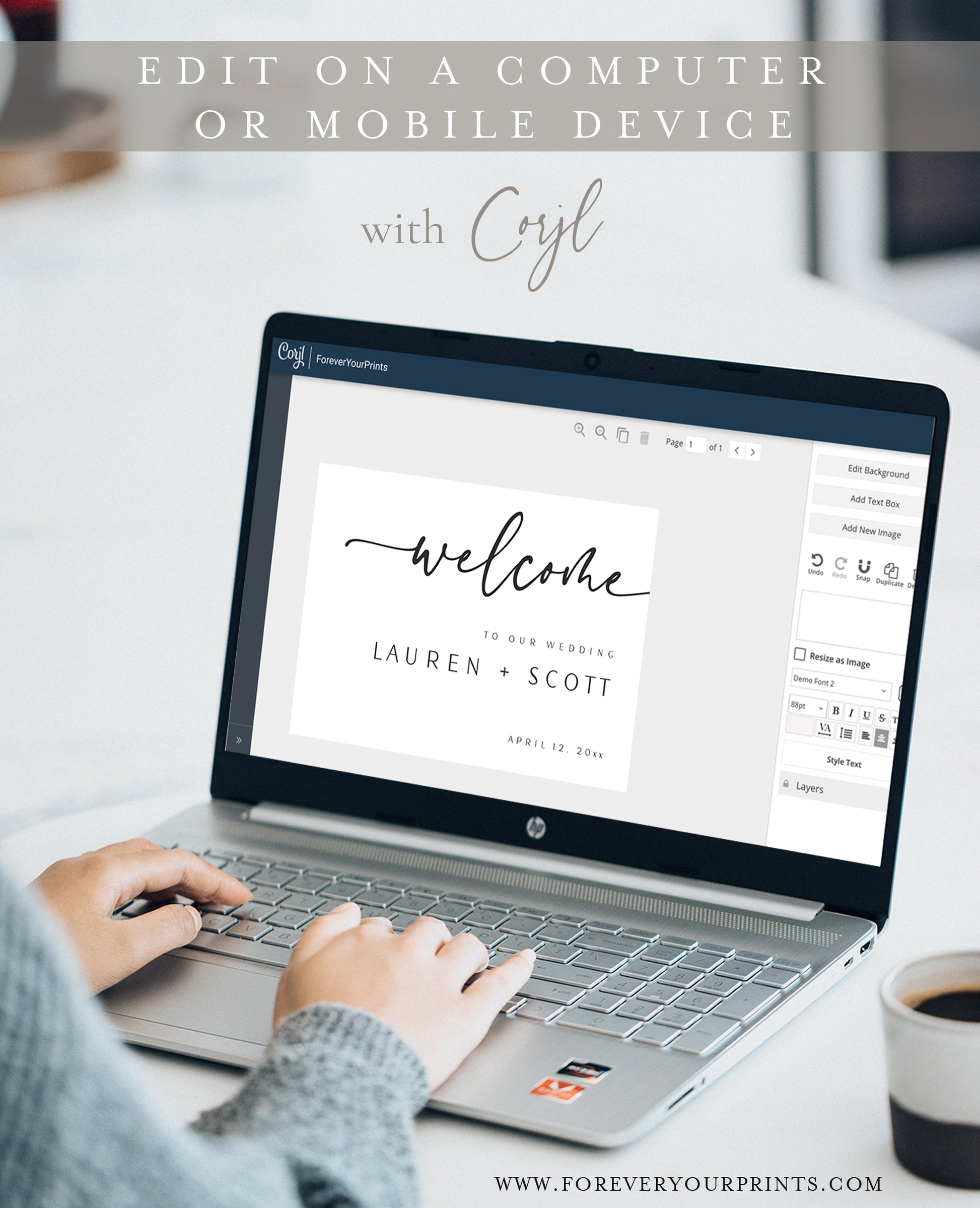 Wedding welcome sign featuring modern calligraphy and minimalist layout, editable online with Corjl | www.foreveryourprints.com