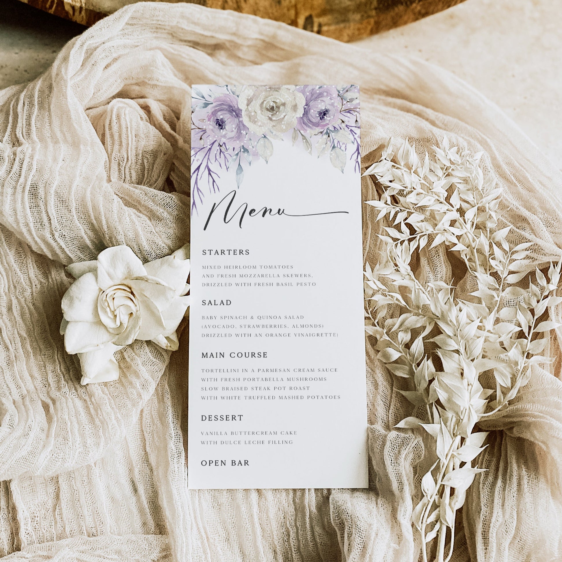Lavender Floral Menu Card | www.foreveryourprints.com