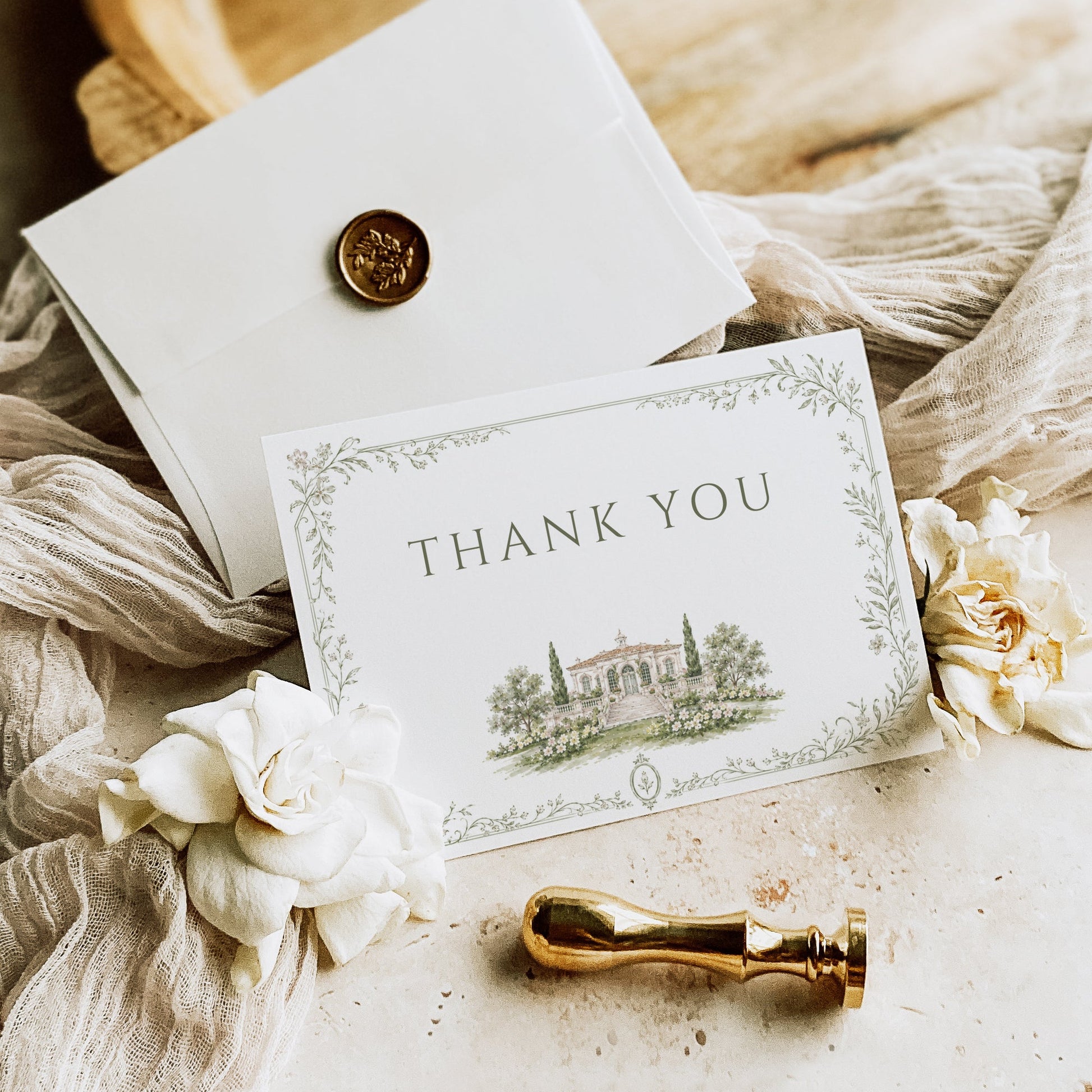 Garden estate wedding folded thank you card template with watercolor estate illustration and delicate sage botanical vine border, editable in Canva