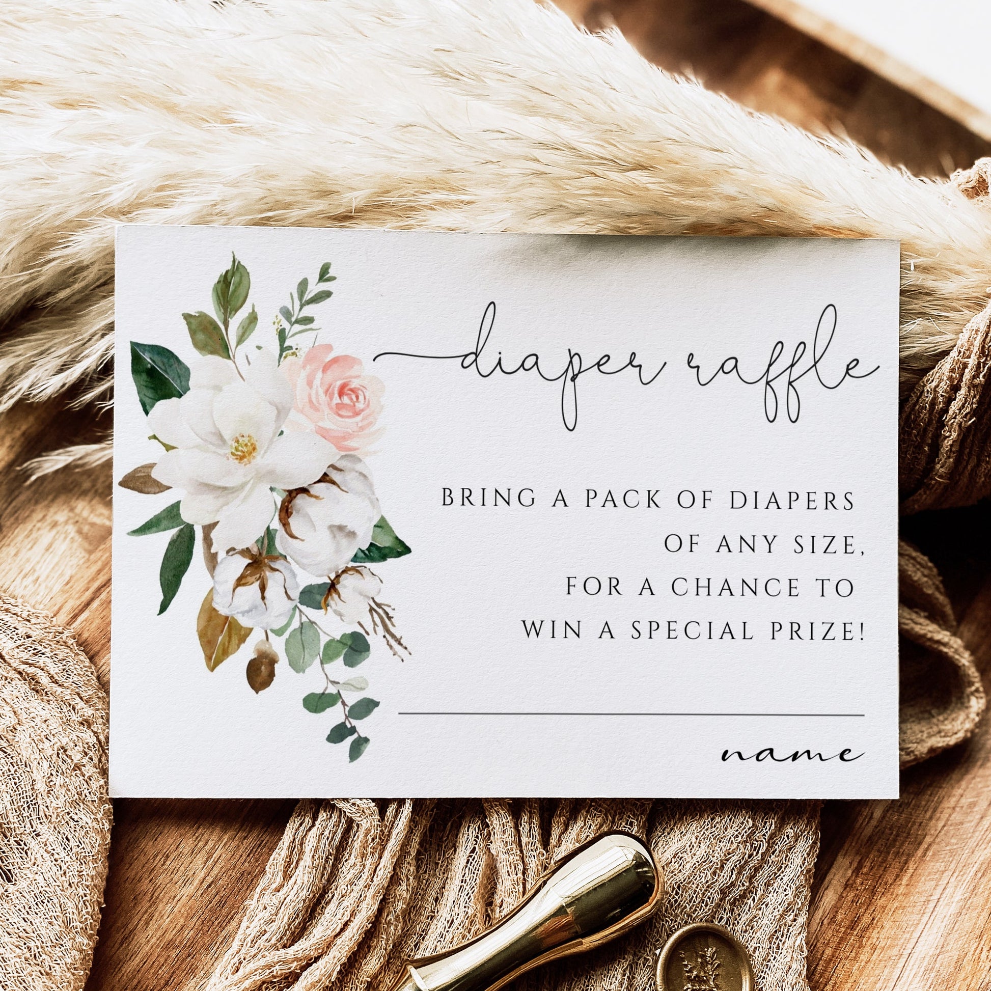 Magnolia floral baby shower diaper raffle card template with watercolor magnolias, blush roses, and cotton blooms, editable in Canva