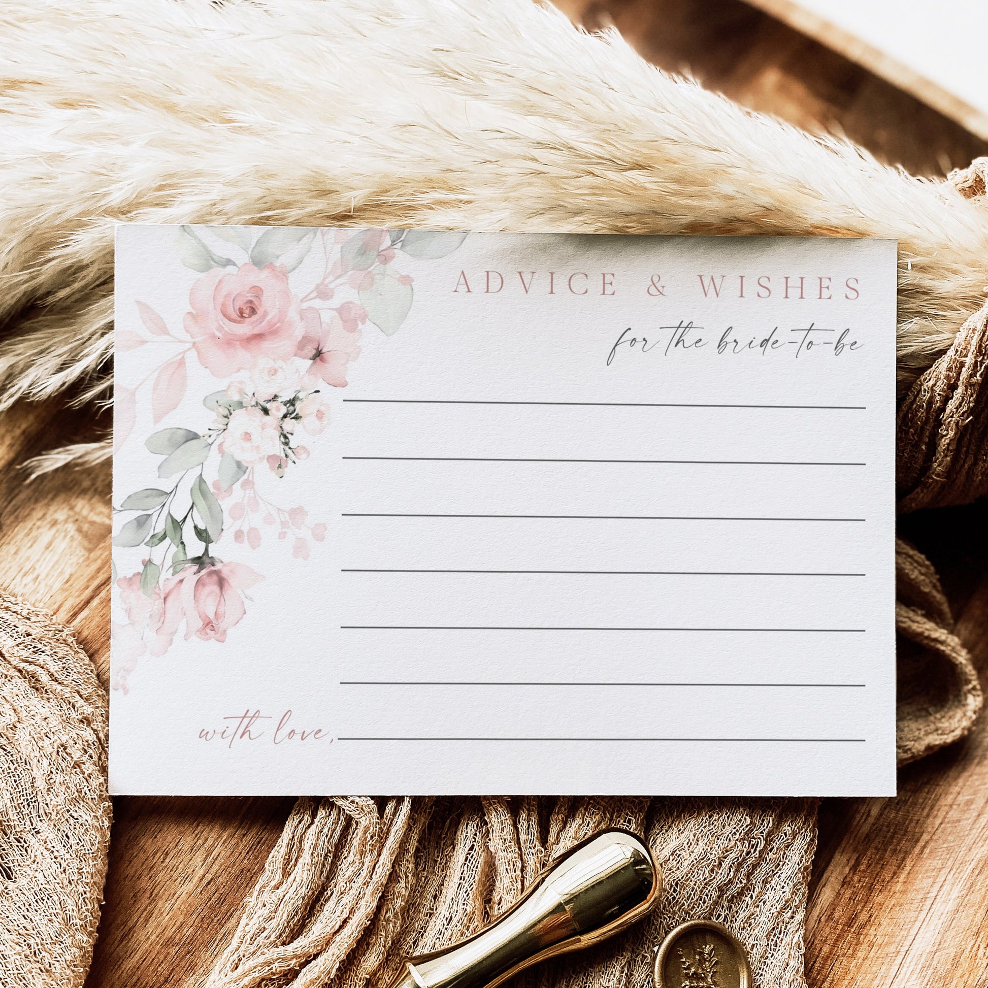Blush pink floral advice and wishes for the bride card template with watercolor roses and sage greenery, editable in Canva