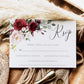 Burgundy floral wedding RSVP reply card template with watercolor roses in burgundy, blush, and cream with sage greenery, editable in Canva