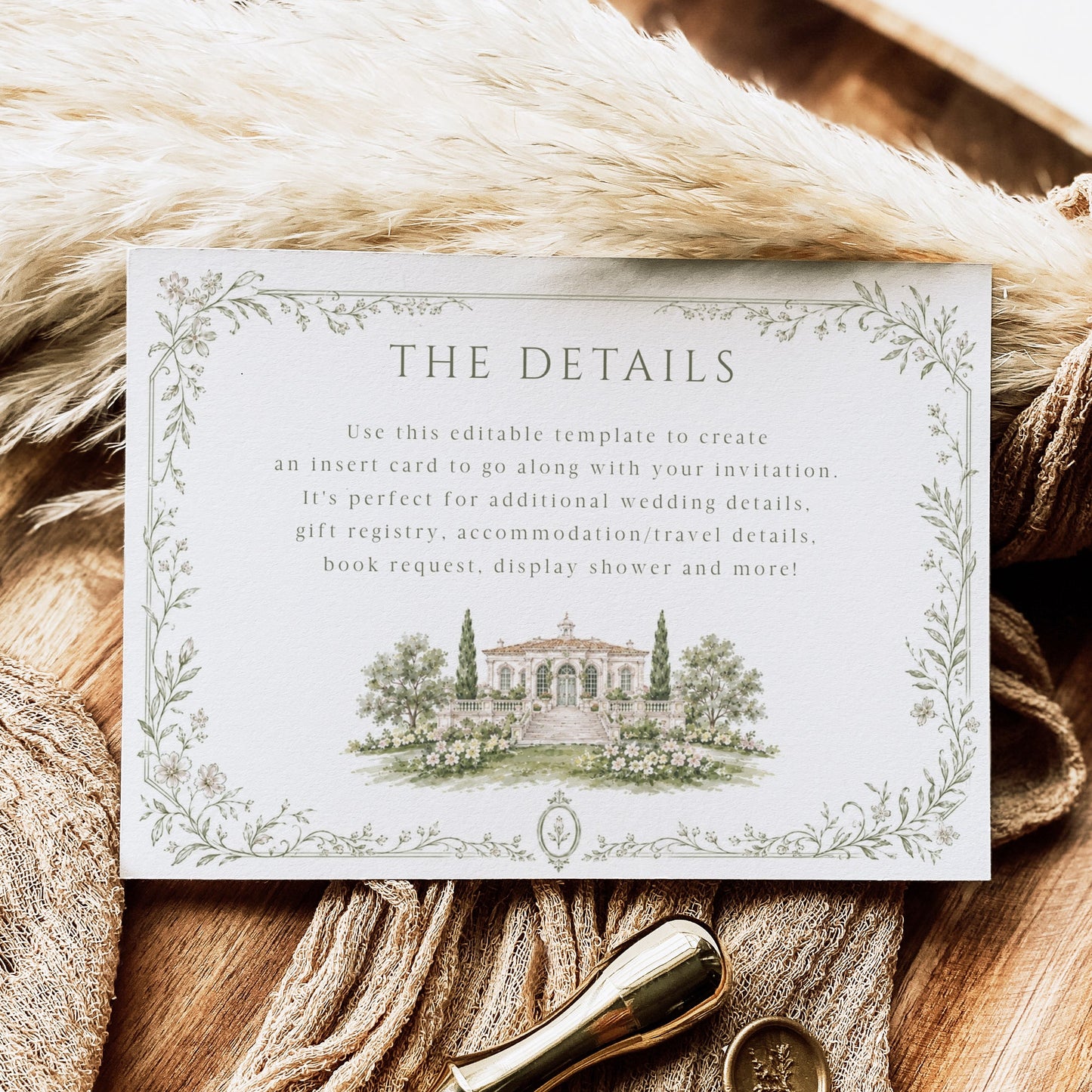 Garden estate wedding details enclosure card template with watercolor estate illustration and delicate sage botanical vine border, editable in Canva