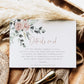 Blush floral and greenery wedding details enclosure card template with watercolor roses and eucalyptus botanicals and rose gold script, editable in Canva