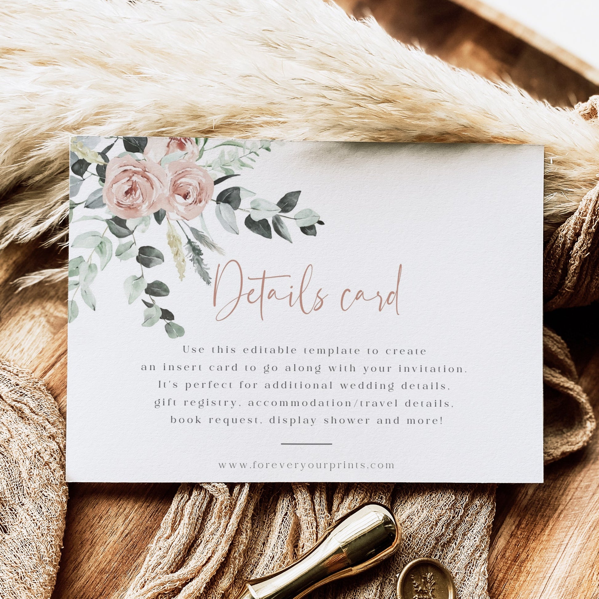 Blush floral and greenery wedding details enclosure card template with watercolor roses and eucalyptus botanicals and rose gold script, editable in Canva