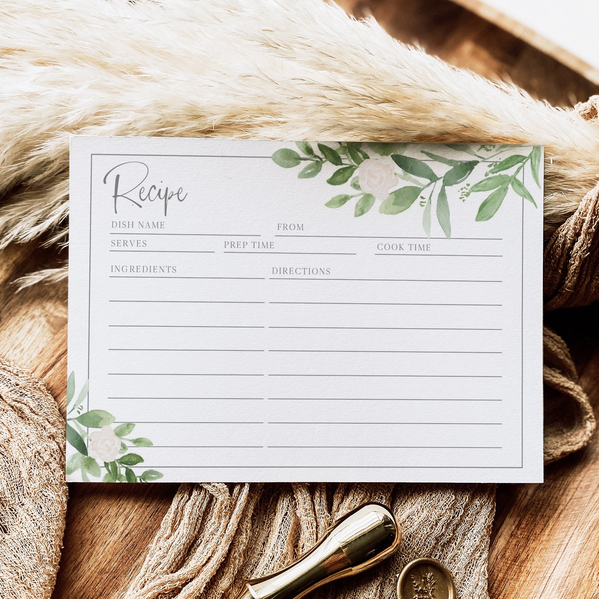 Greenery and white floral recipe card template with watercolor botanical branches and white roses in corner frames, editable in Canva