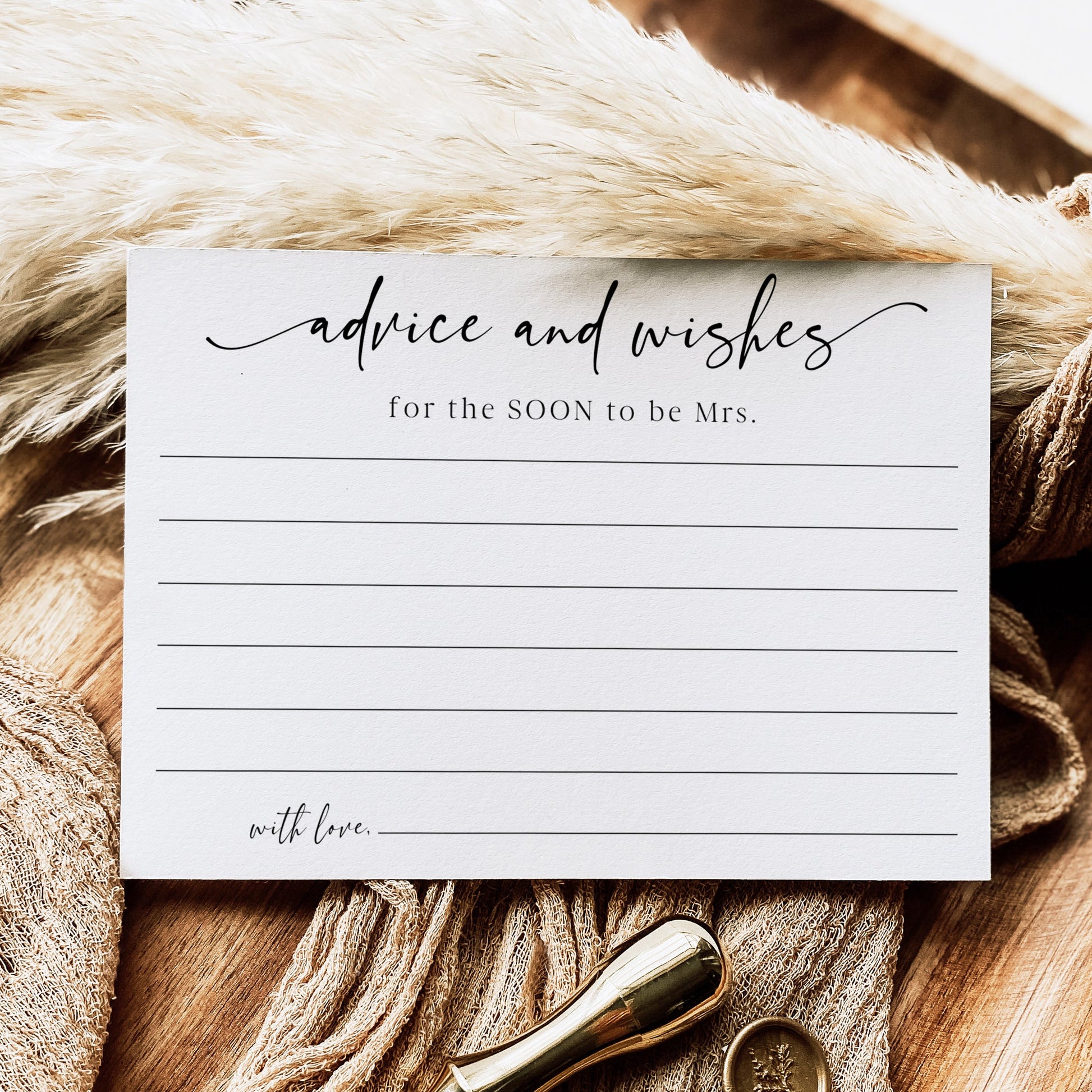 Minimalist black and white advice and wishes bridal shower card template with calligraphy script and writing lines, editable in Canva