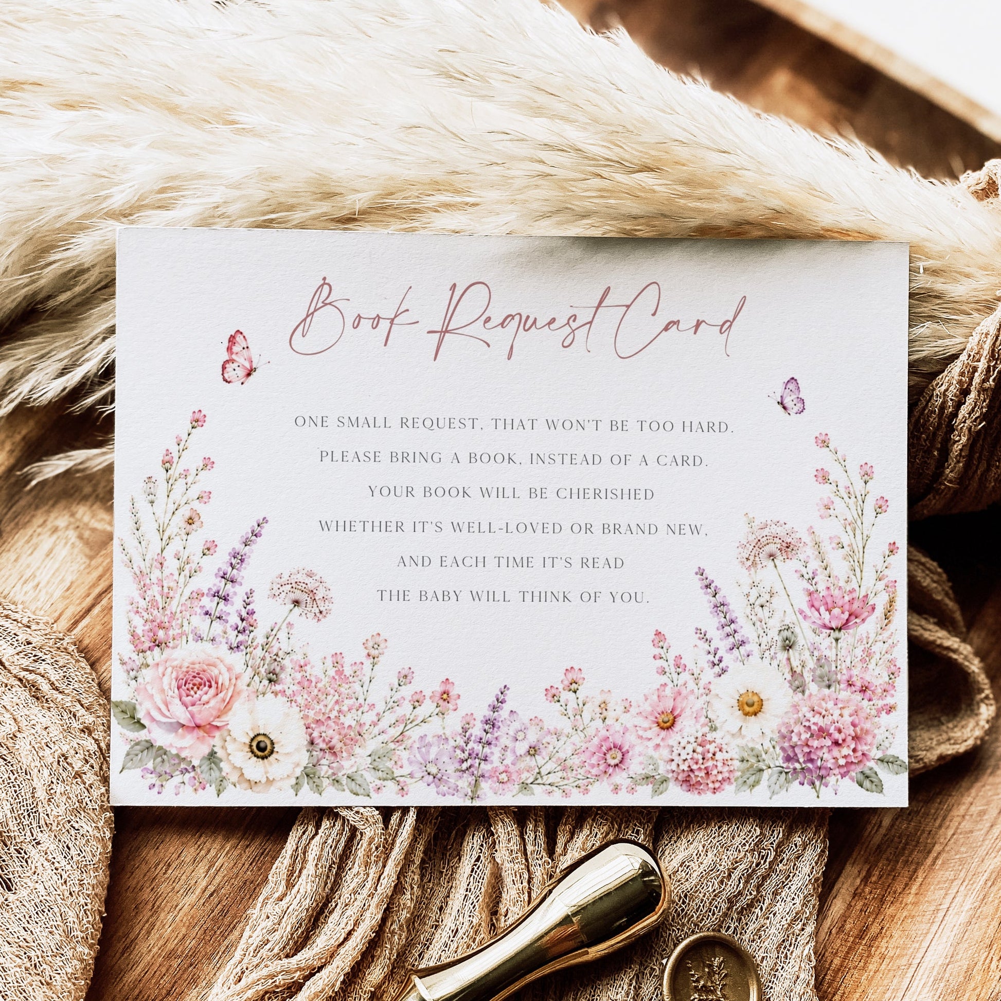 Editable wildflower books for baby request card Canva template with watercolour roses, lavender, daisies, and butterfly details on a white background, landscape orientation
