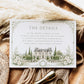 Elegant European style wedding details enclosure card template with watercolor stone building, white roses, cypress trees and sage green ornate border, editable in Canva