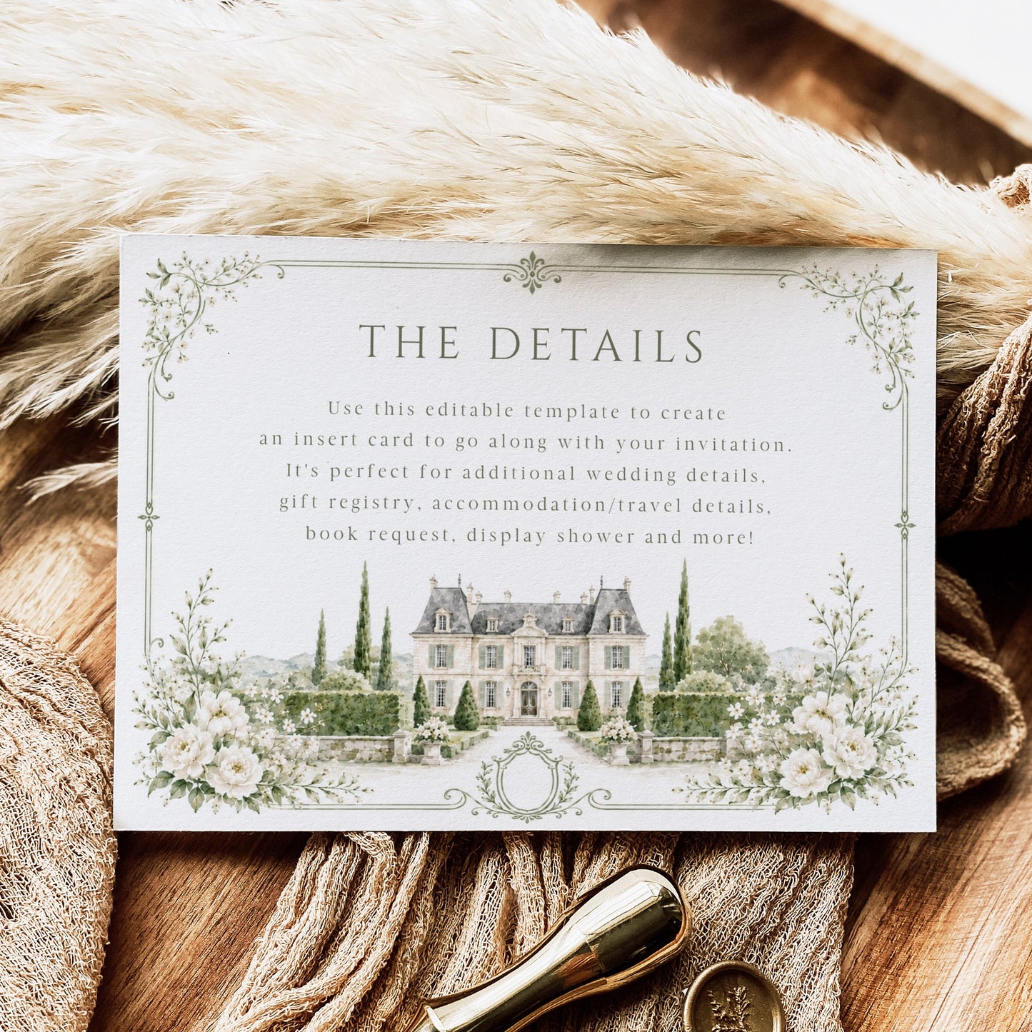 Elegant European style wedding details enclosure card template with watercolor stone building, white roses, cypress trees and sage green ornate border, editable in Canva