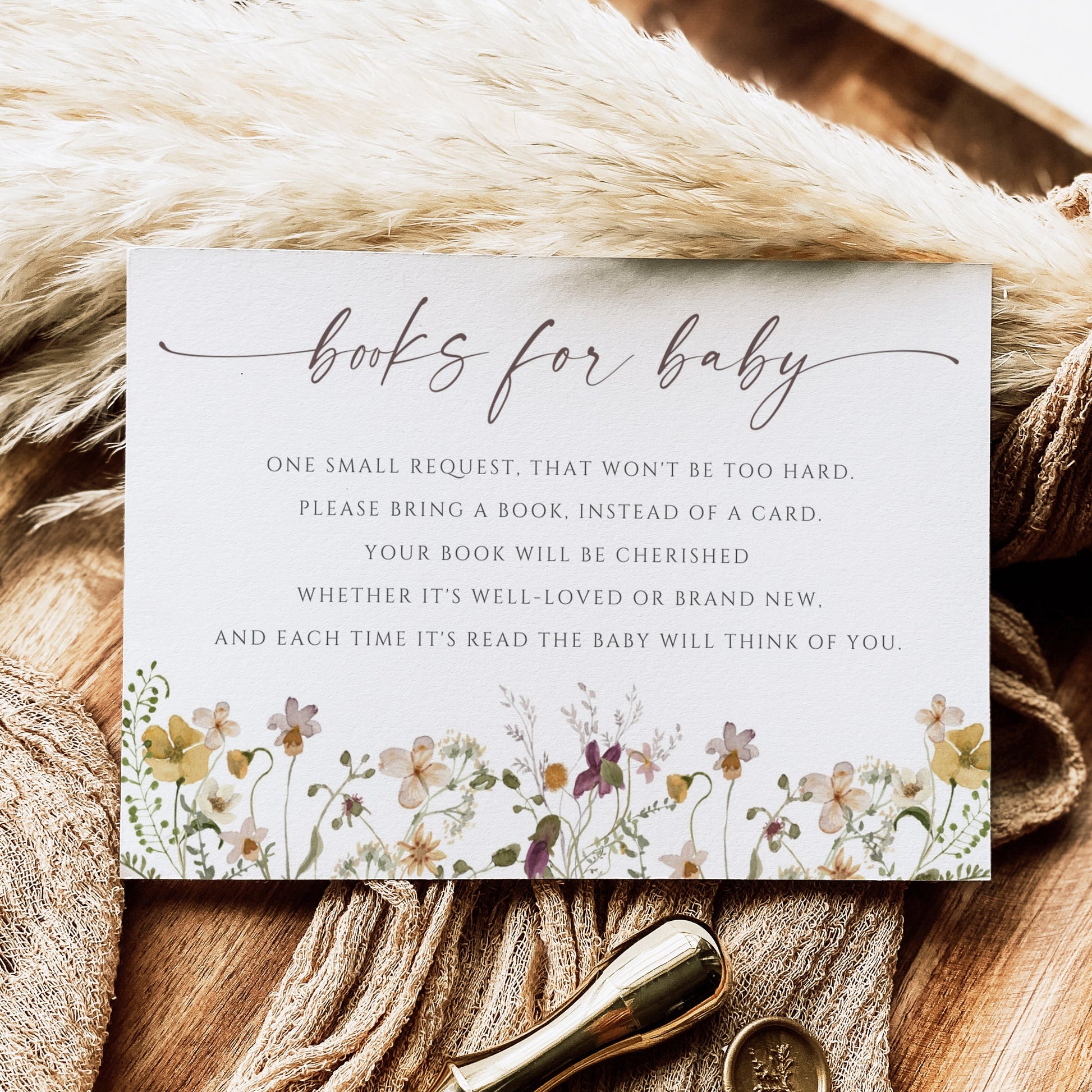 Wildflower books for baby shower insert card template with watercolor meadow flowers and dusty rose calligraphy script, editable in Canva