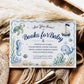 Editable under the sea books for baby card Canva template with watercolour sea turtle, whale, octopus, seahorse, sailboat, shells, and starfish in soft blue tones on a white background with wave border, landscape orientation