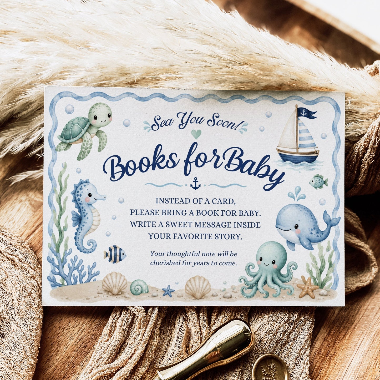 Editable under the sea books for baby card Canva template with watercolour sea turtle, whale, octopus, seahorse, sailboat, shells, and starfish in soft blue tones on a white background with wave border, landscape orientation