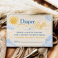 Editable here comes the son diaper raffle card Canva template with smiling sun, fluffy blue and white clouds, gold star accents, and navy and golden script typography on a warm cream background, landscape orientation