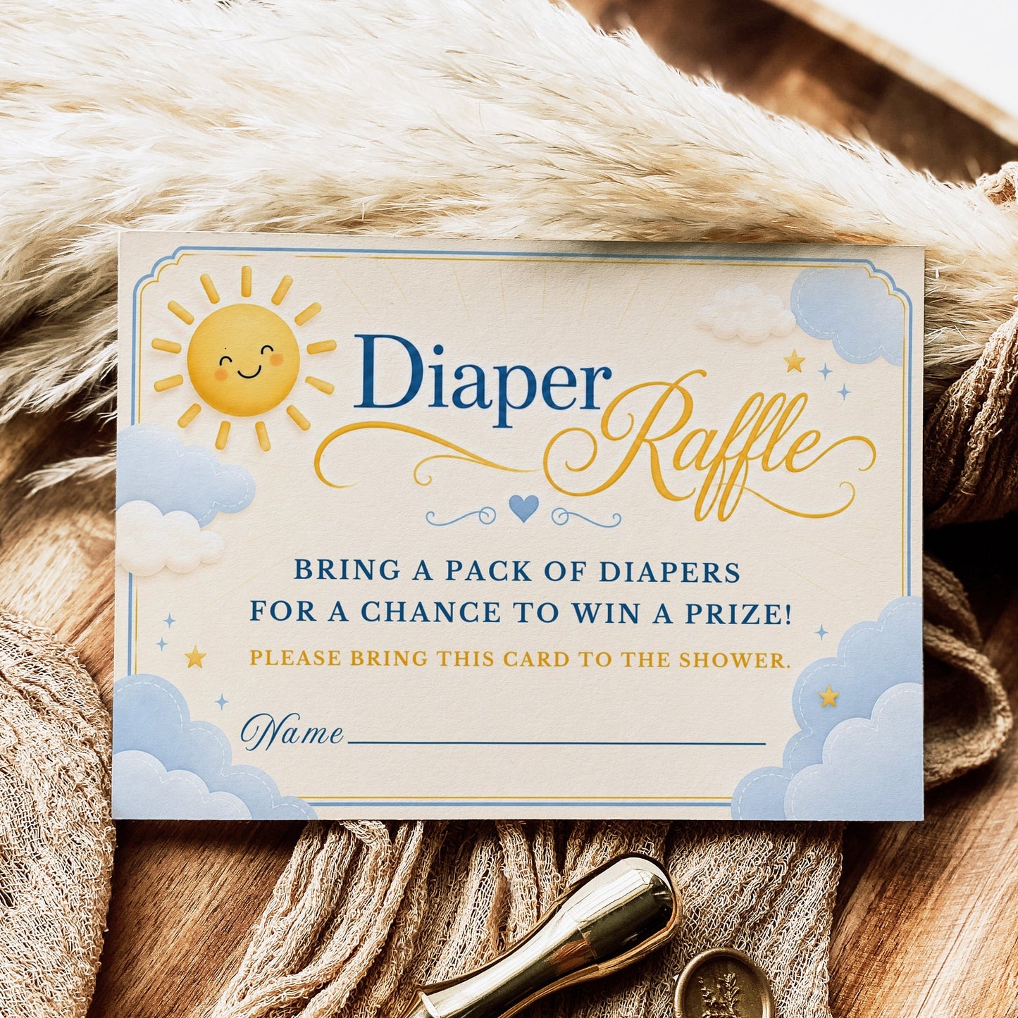 Editable here comes the son diaper raffle card Canva template with smiling sun, fluffy blue and white clouds, gold star accents, and navy and golden script typography on a warm cream background, landscape orientation
