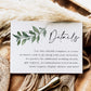 Greenery botanical wedding details enclosure insert card template with watercolor leaf branch and calligraphy script, editable in Canva
