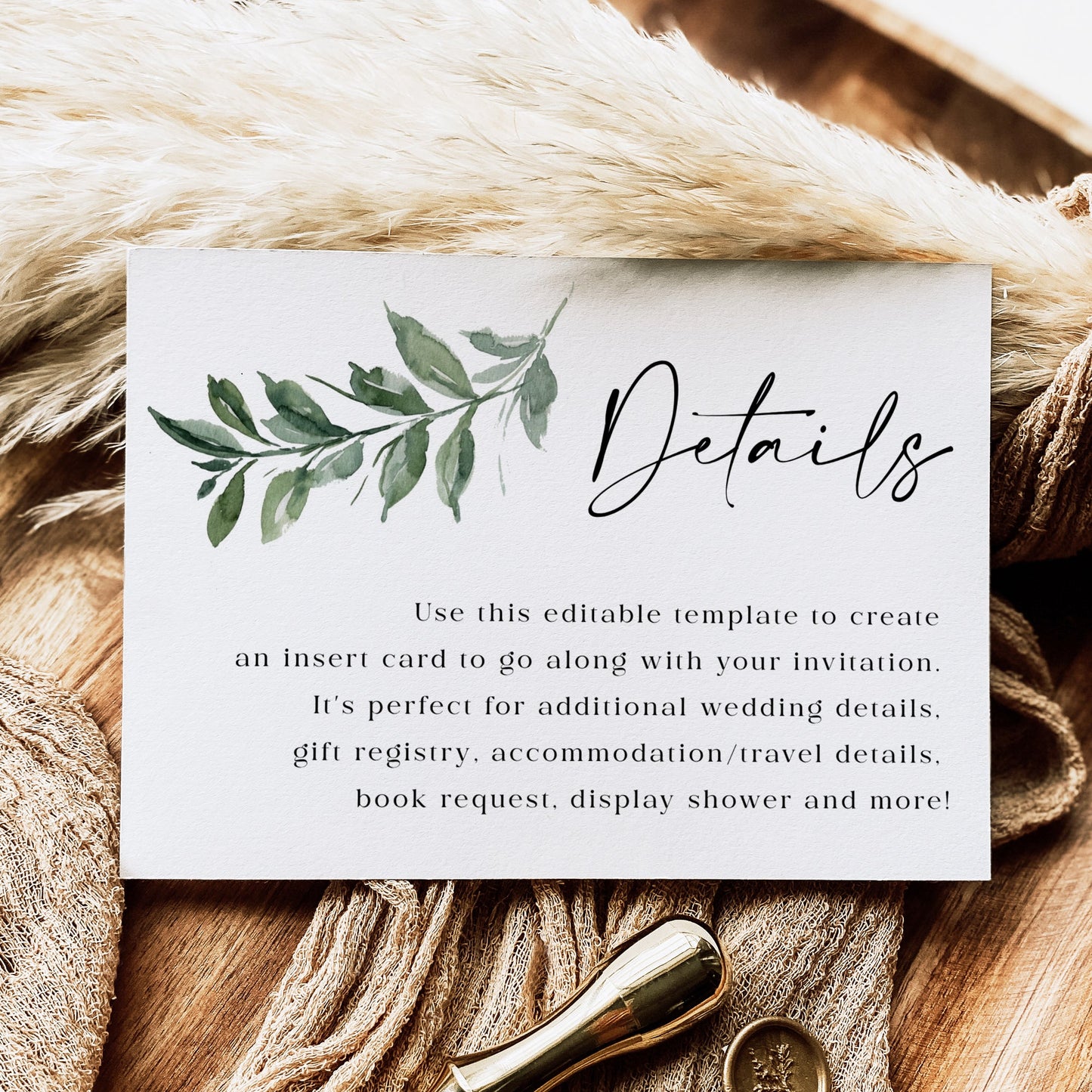 Greenery botanical wedding details enclosure insert card template with watercolor leaf branch and calligraphy script, editable in Canva