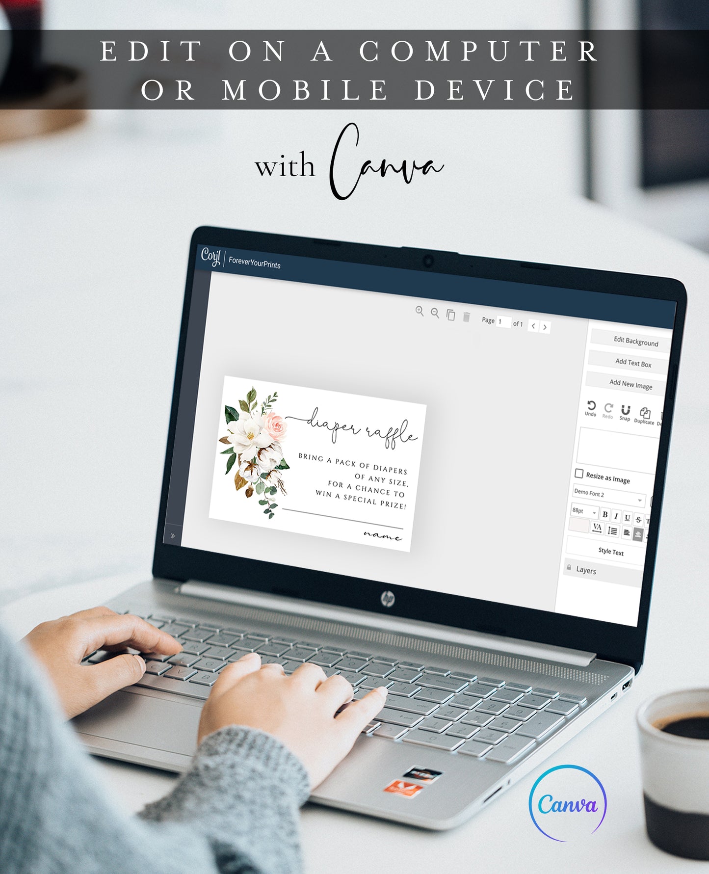 Magnolia floral baby shower diaper raffle card template with watercolor magnolias, blush roses, and cotton blooms, editable in Canva