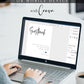 Minimalist black and white wedding guestbook sign template with bold calligraphy script and elegant spaced typography, editable in Canva