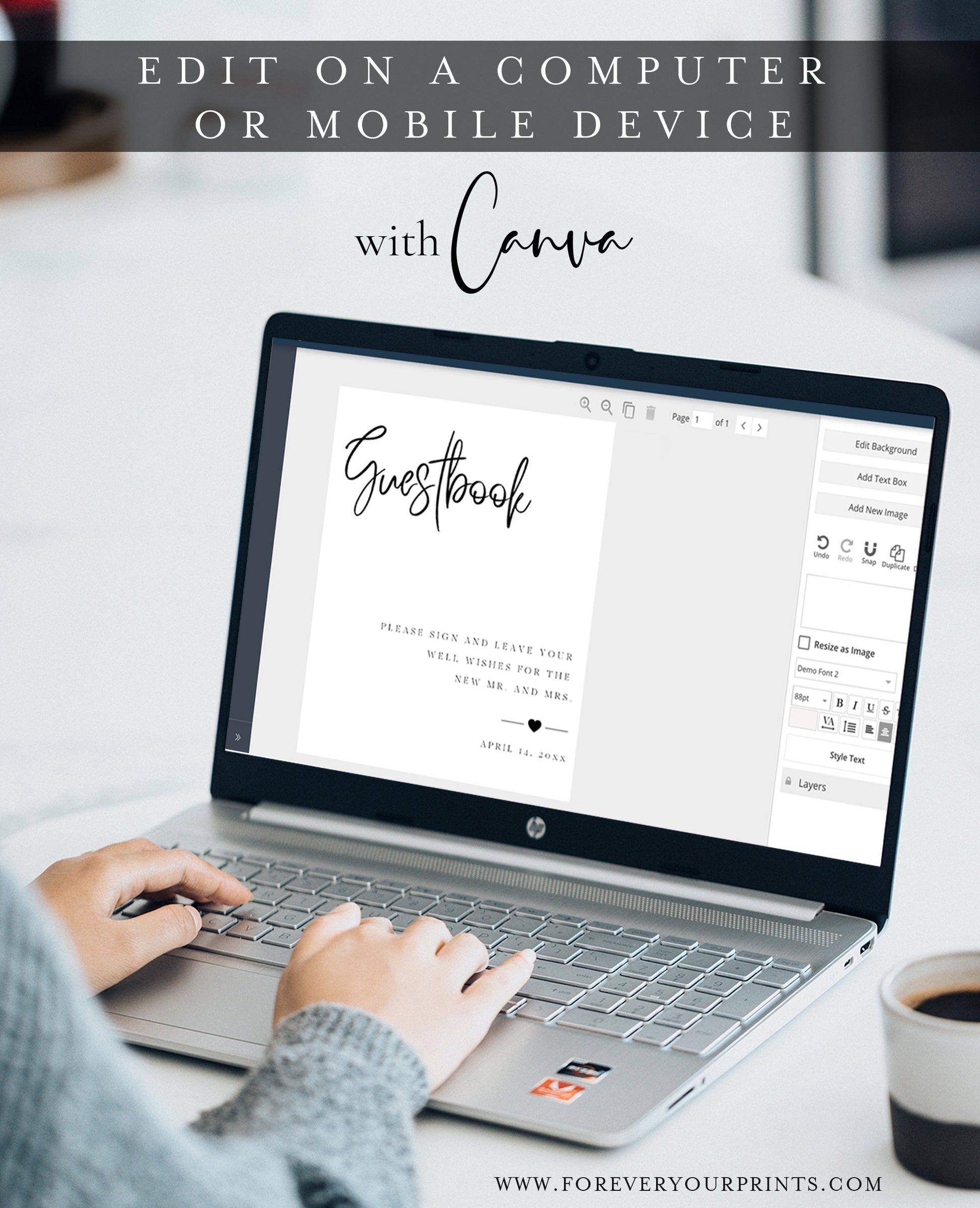 Minimalist black and white wedding guestbook sign template with bold calligraphy script and elegant spaced typography, editable in Canva