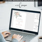 Blush floral and eucalyptus greenery wedding welcome sign template with rose gold spaced lettering on cream background, editable in Canva